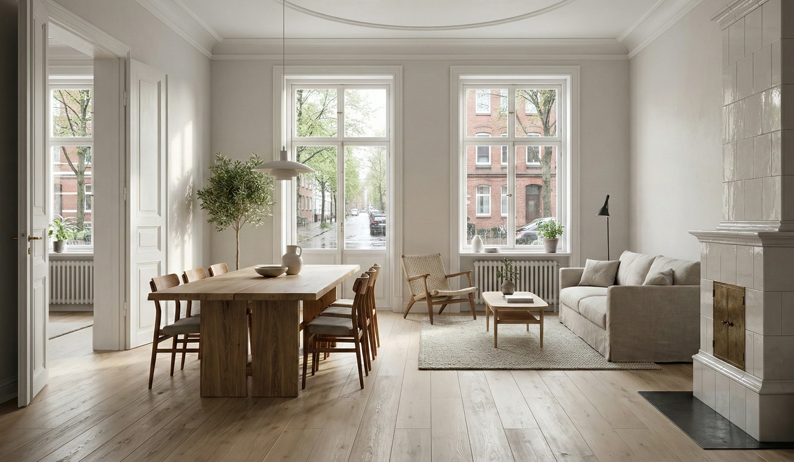 Modernisiertes Altbau-Sanierung Esszimmer und Wohnzimmer in Hamburg mit hellen Materialien und offener Raumgestaltung – Visualisierung von Navid Architekt Studio unter der Leitung von Dr. Navid Naeimi