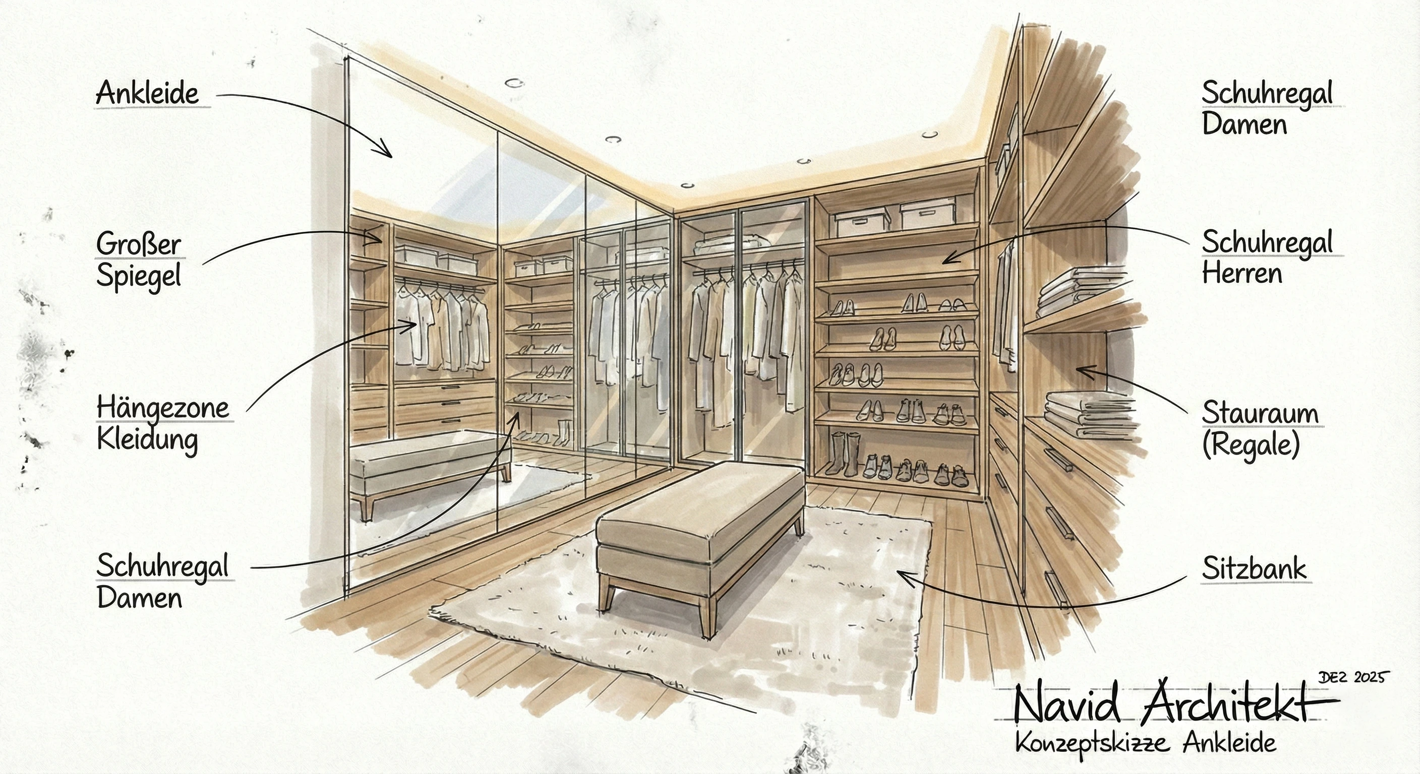 Innenarchitektur vs. Architektur - Ankleidezimmer als Walk-in Closet mit maßgefertigten Einbauschränken und funktionaler Innenarchitektur