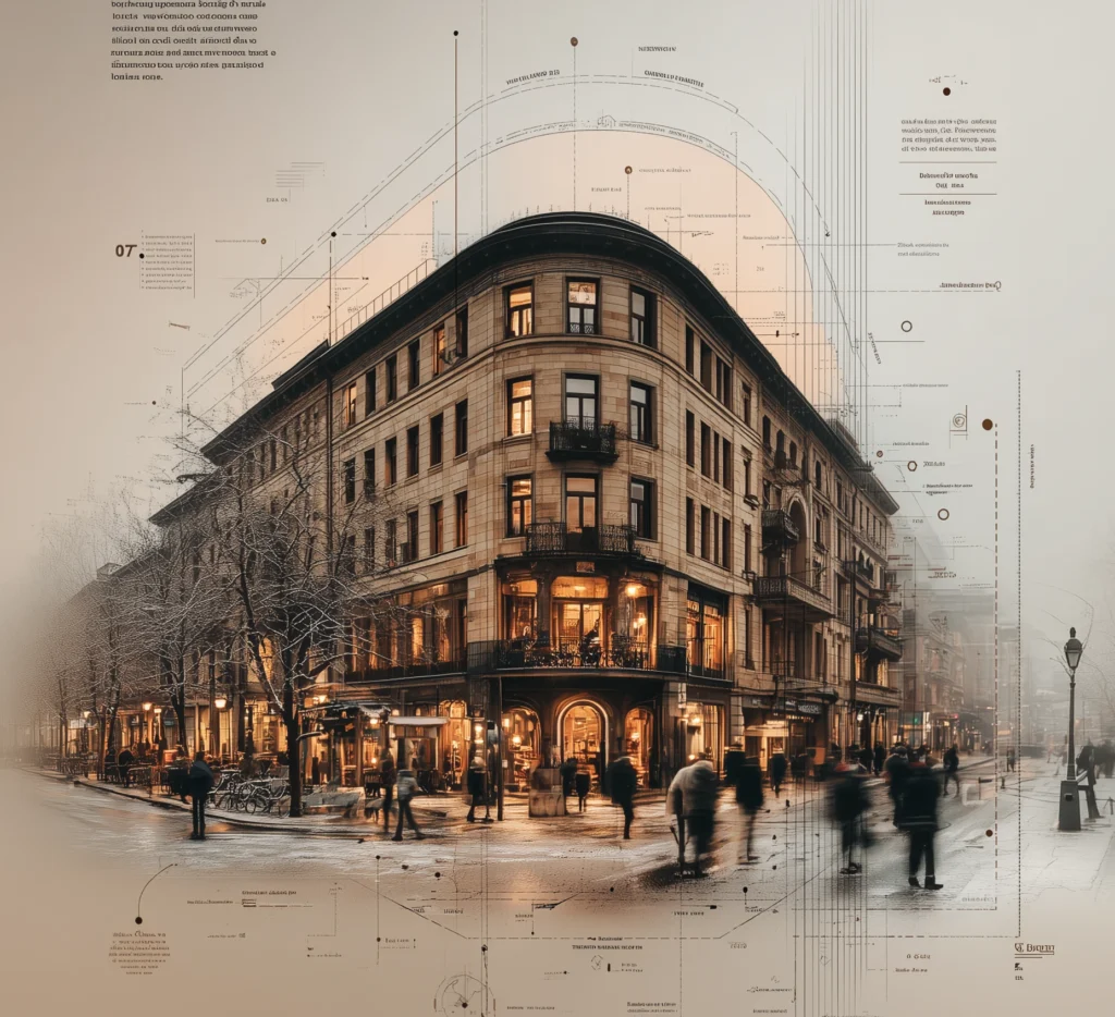 Historisches Hamburger Gebäude mit architektonischen Details – Bauen in Hamburg visualisiert von Navid Architek