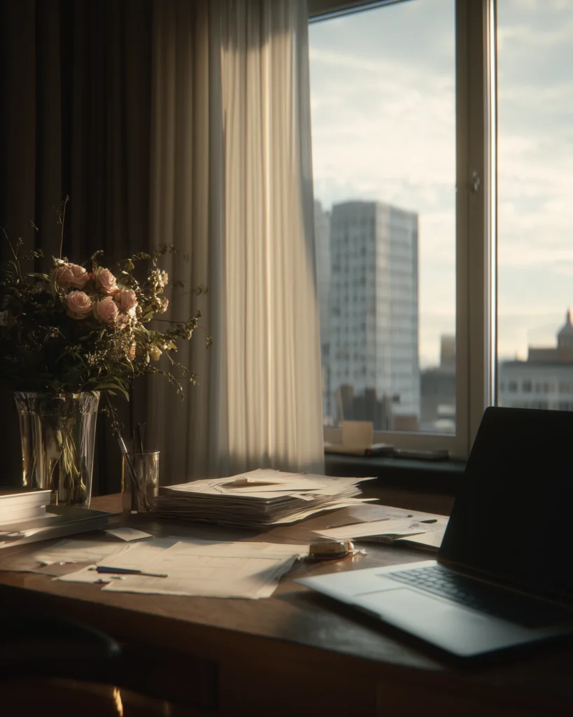 Architekturbüro-Arbeitsplatz mit Plänen und Stadtblick in Hamburg – professionelle Bauplanung 2025 | Bauen in Hamburg | Navid Architekt