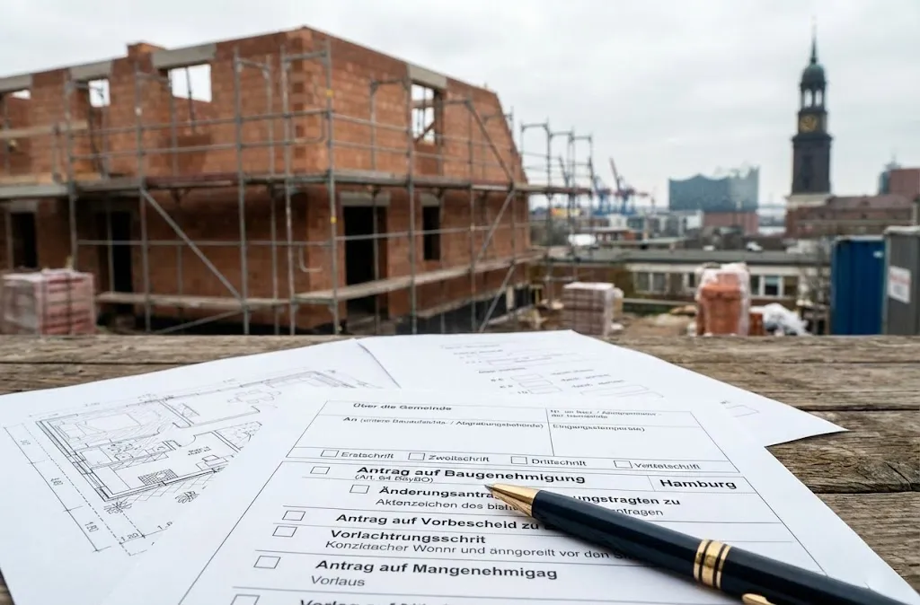 Baugenehmigung in Hamburg – Bauunterlagen, Grundriss und Formular auf Baustelle | Navid Architekt