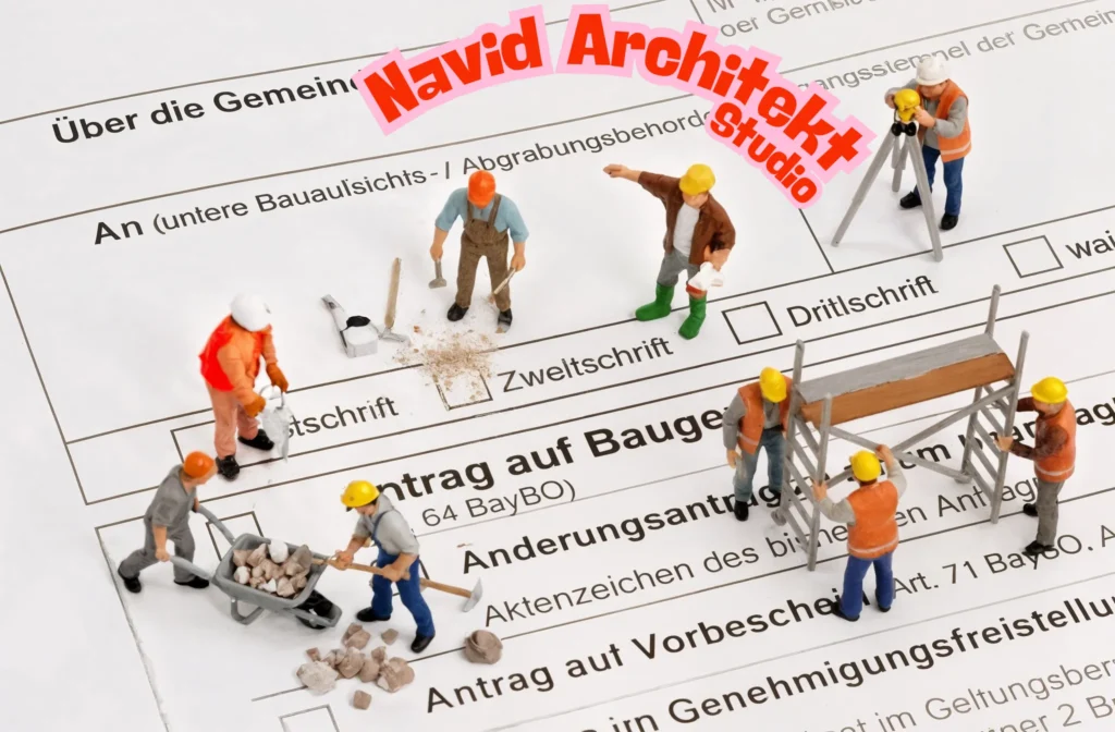 Modellbauarbeiter auf Bauantragsformular – Symbolbild für den Prozess der Baugenehmigung in Hamburg, erstellt von Navid Architekt Studio