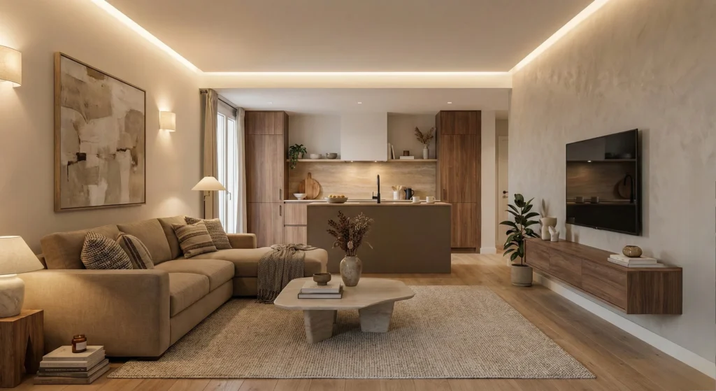 Innenarchitektur kleine Wohnung Hamburg mit offenem Wohn- und Küchenkonzept, optimierter Raumzonierung und warmen Materialien