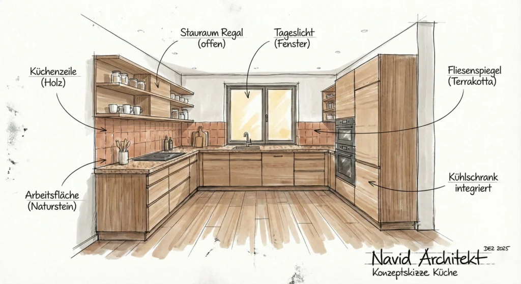 Innenarchitektonisches Küchenkonzept mit Holz-Küchenzeile, Naturstein-Arbeitsfläche, integriertem Stauraum und Tageslichtplanung