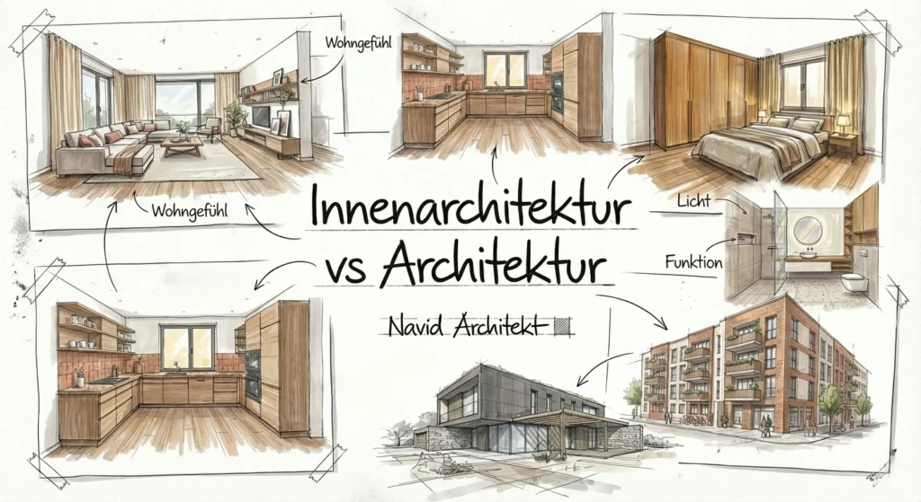 Innenarchitektur vs. Architektur – visuelle Darstellung der Unterschiede zwischen Raumgestaltung und Gebäudeplanung