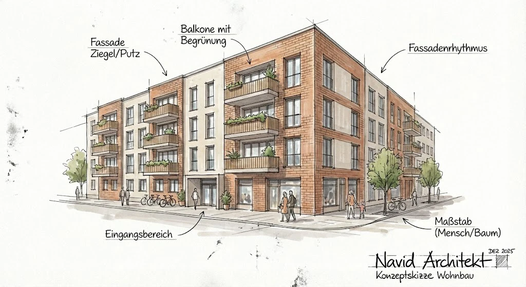 Innenarchitektur vs Architektur bei einem Wohnungsbau – architektonische Konzeptskizze mit Fassadengestaltung, Balkonen und Maßstab