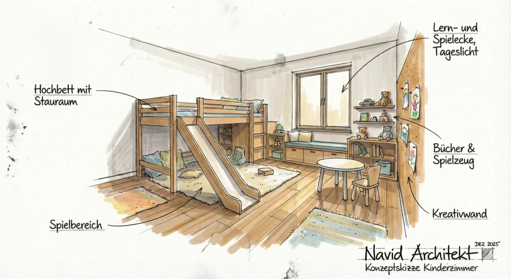 Kinderzimmer Innenarchitektur mit Hochbett, Stauraum, Spielbereich und Lernzone – durchdachtes Raumkonzept