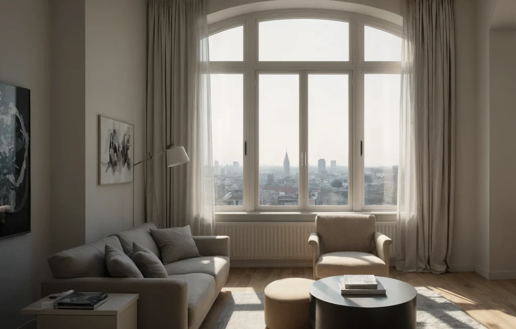 Helle moderne Wohnung in Hamburg mit großem Bücherregal, Spiegelwand und architektonischen Tricks, die kleine Wohnungen größer wirken lassen.