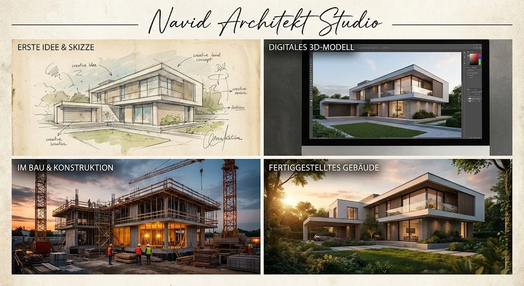 Visualisierung der HOAI Leistungsphasen von der ersten Idee über das 3D-Modell und den Bau bis zum fertigen Gebäude – Navid Architekt Studio