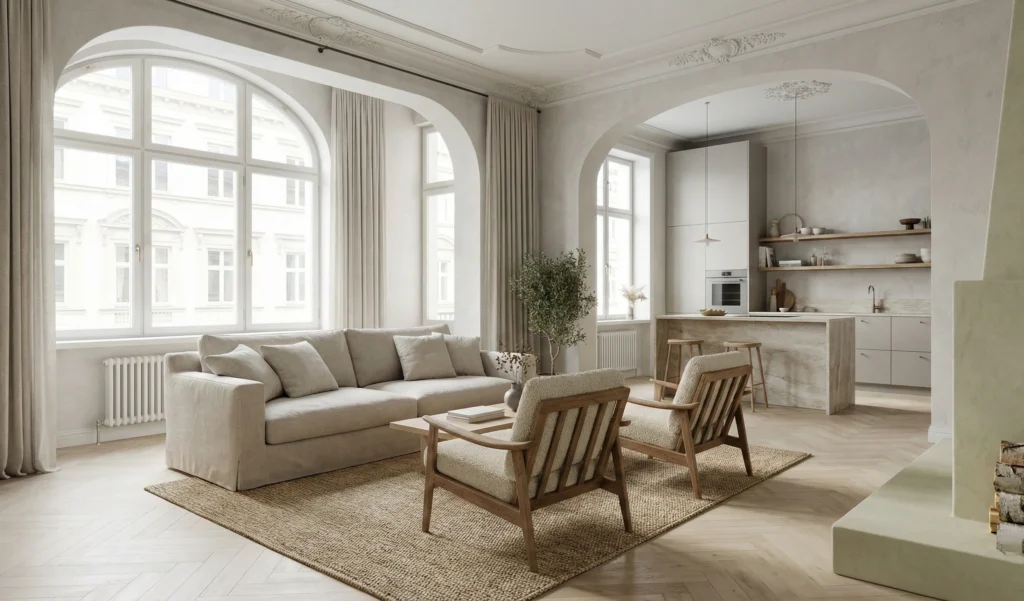 Sanierung einer Altbauwohnung in Hamburg – modernisiertes Wohnzimmer mit hellen Materialien und offener Küche, umgesetzt durch Navid Architekt Studio