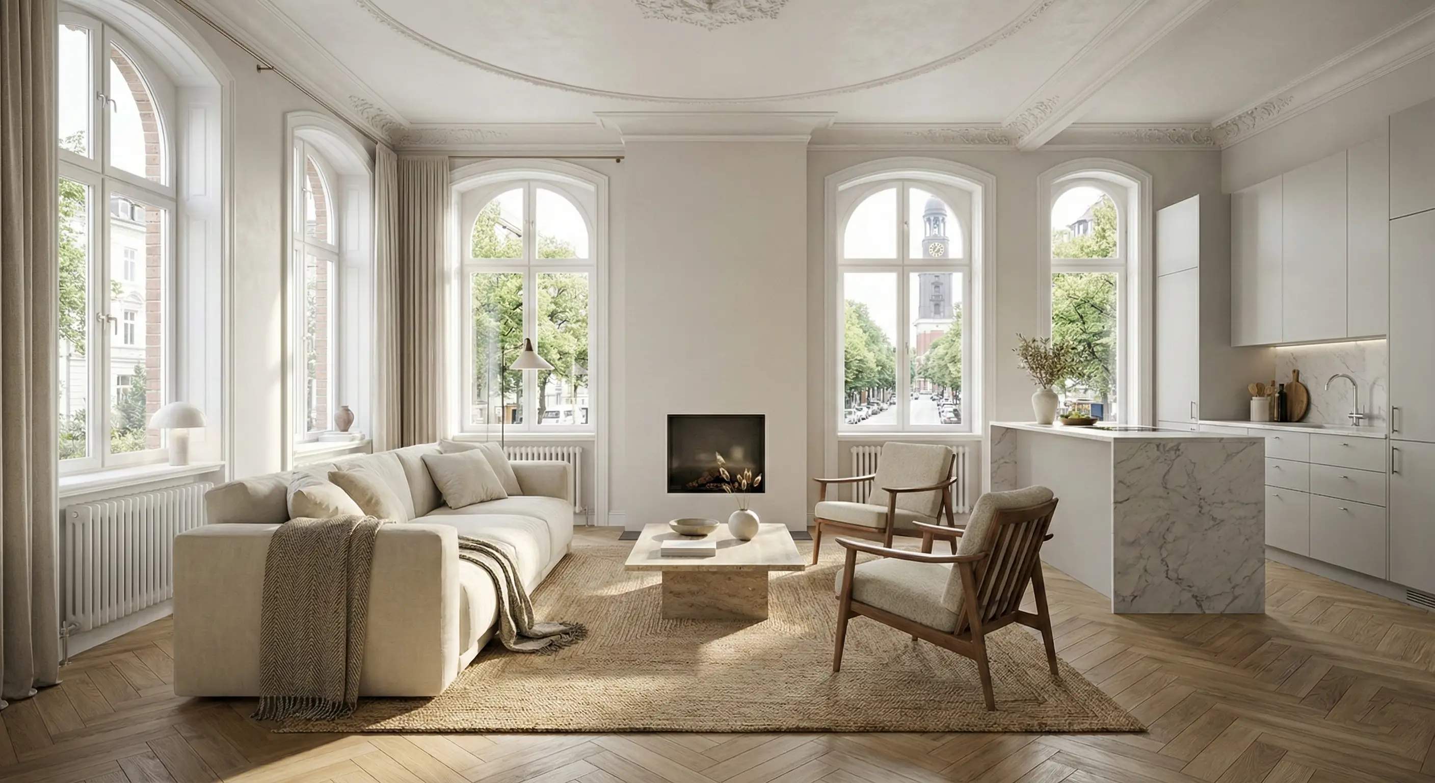 Modernes saniertes Altbau-Wohnzimmer in Hamburg mit offener Küche – Projektvisualisierung von Navid Architekt Studio unter der Leitung von Dr. Navid Naeimi