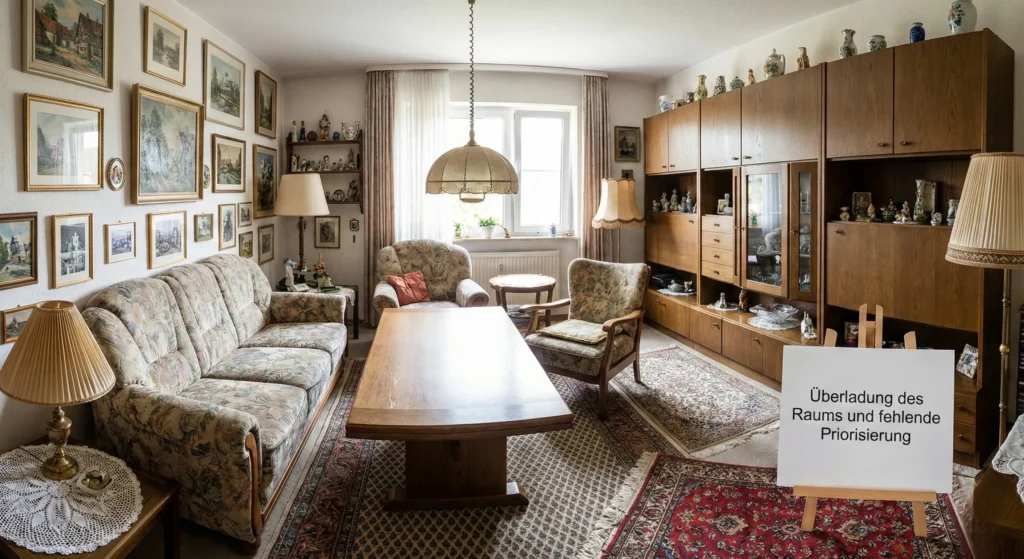 Fehler in der Innenarchitektur durch unklare Grundriss- und Raumzonierung in einem offenen Wohnraum